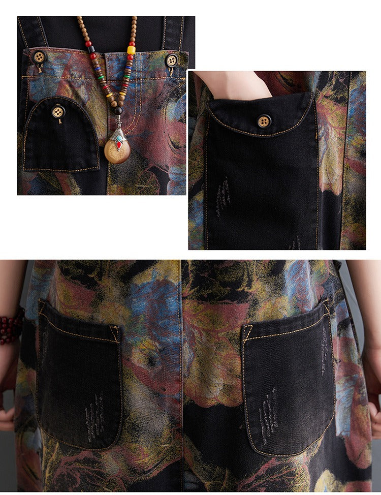 Peto vaquero holgado de mujer, mono negro casual con estampado floral, tirantes y bolsillos grandes