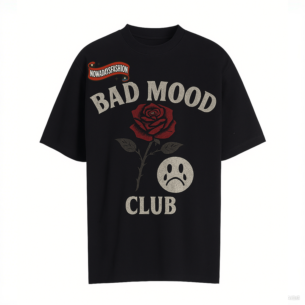Unisex BAD MOOD CLUB Graphic T-Shirt – Sad Face & Rose Dark Streetwear Tee - MERGE.DAY.1.FREESTYLE