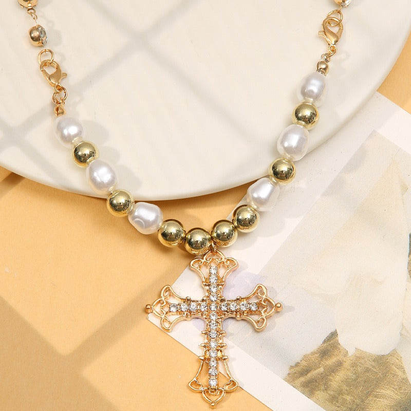 Bling Cross Pendant Necklaces for Women Girl Gift Wedding Neck Jewelry Goth Pearl Necklace - MERGE.DAY.1.FREESTYLE