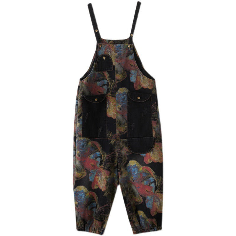 Peto vaquero holgado de mujer, mono negro casual con estampado floral, tirantes y bolsillos grandes