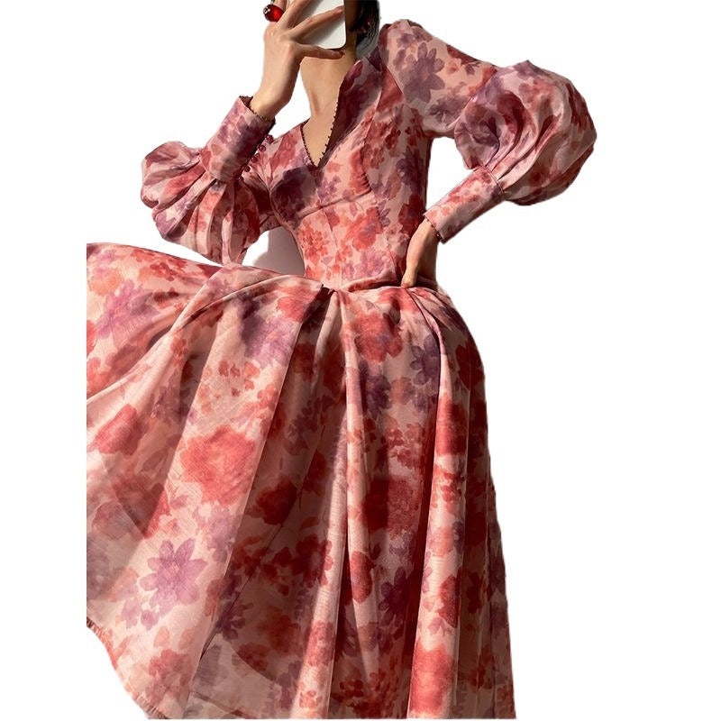 V-neck Floral Printed Dress Women Elegant Puff Sleeve Slim A-line Dress - MERGE.DAY.1.FREESTYLE