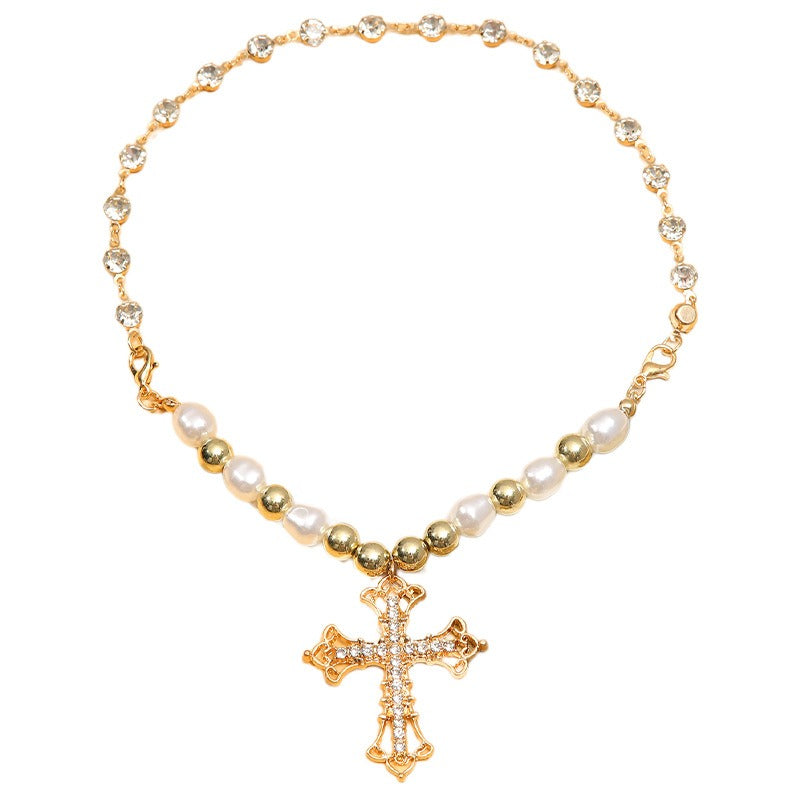 Bling Cross Pendant Necklaces for Women Girl Gift Wedding Neck Jewelry Goth Pearl Necklace - MERGE.DAY.1.FREESTYLE