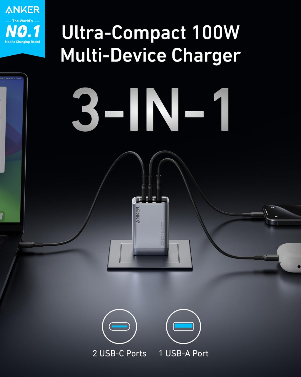 Anker Prime Charger (100W, 3 Ports, GaN) - MERGE.DAY.1.FREESTYLE