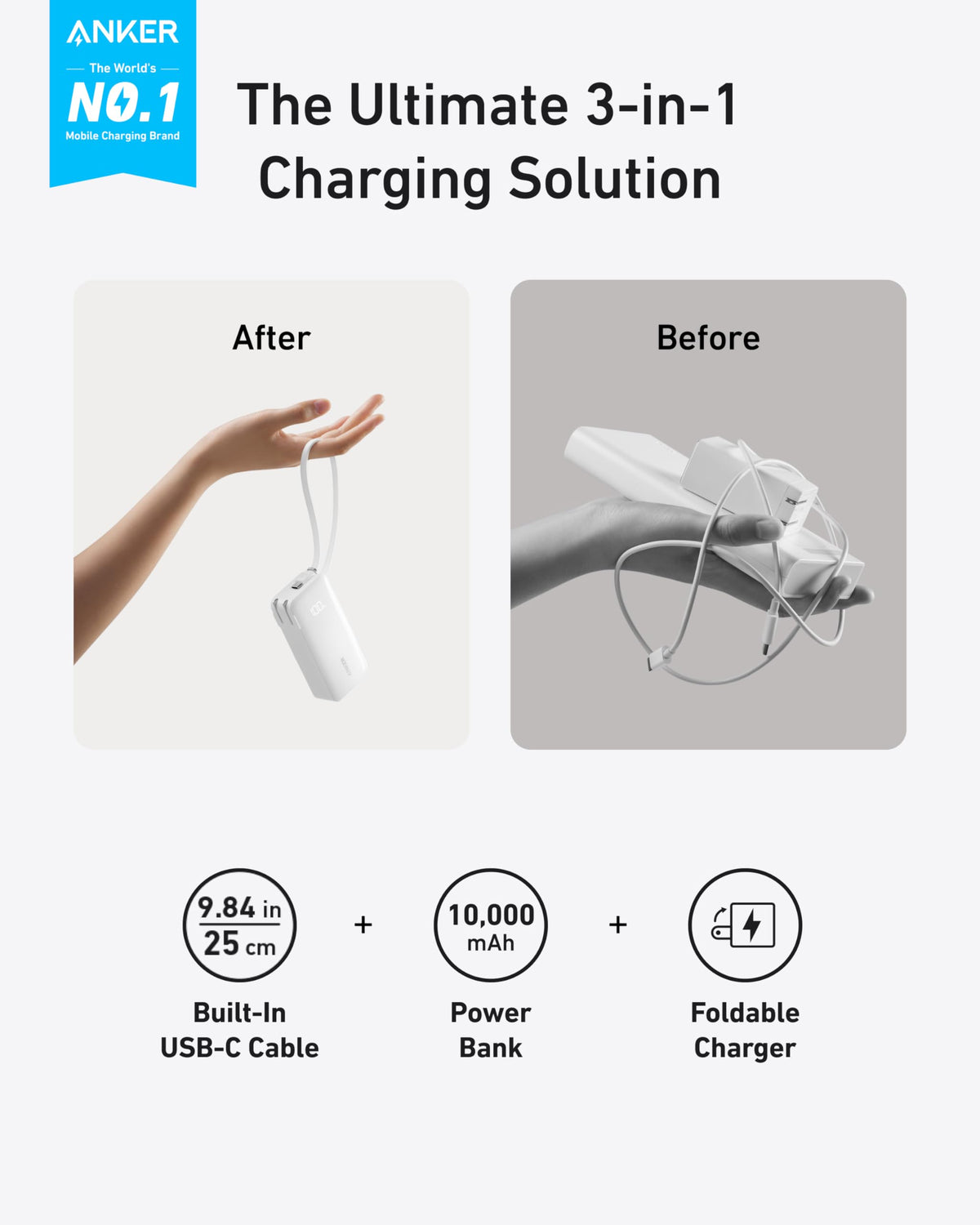 Anker Power Bank (10K, Fusion, Built-In Cable) - MERGE.DAY.1.FREESTYLE