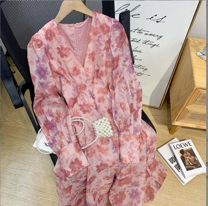V-neck Floral Printed Dress Women Elegant Puff Sleeve Slim A-line Dress - MERGE.DAY.1.FREESTYLE