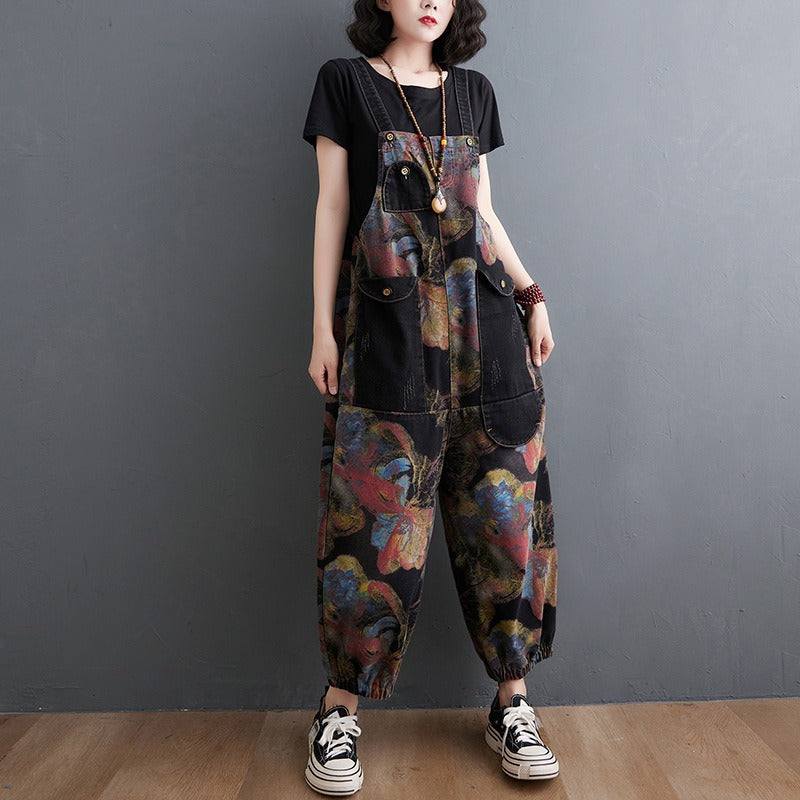 Peto vaquero holgado de mujer, mono negro casual con estampado floral, tirantes y bolsillos grandes