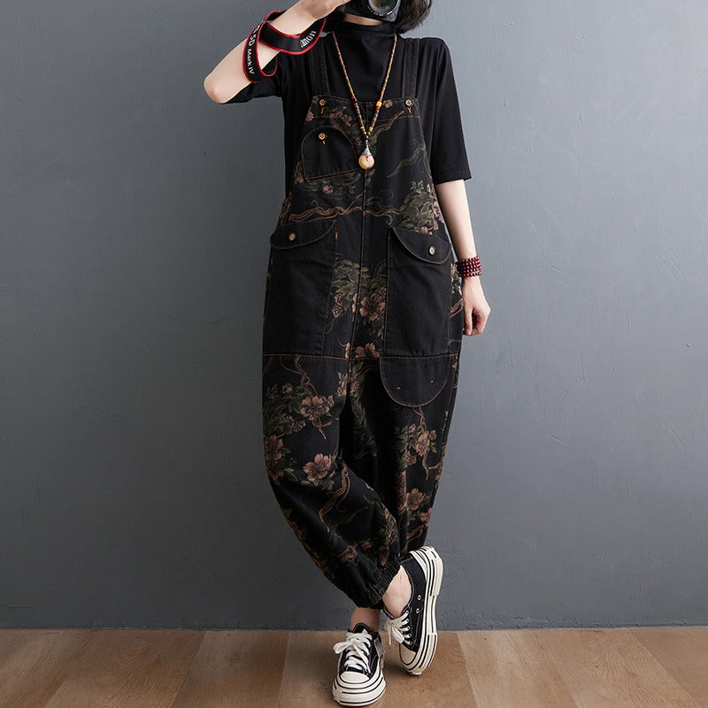 Peto vaquero holgado de mujer, mono negro casual con estampado floral, tirantes y bolsillos grandes