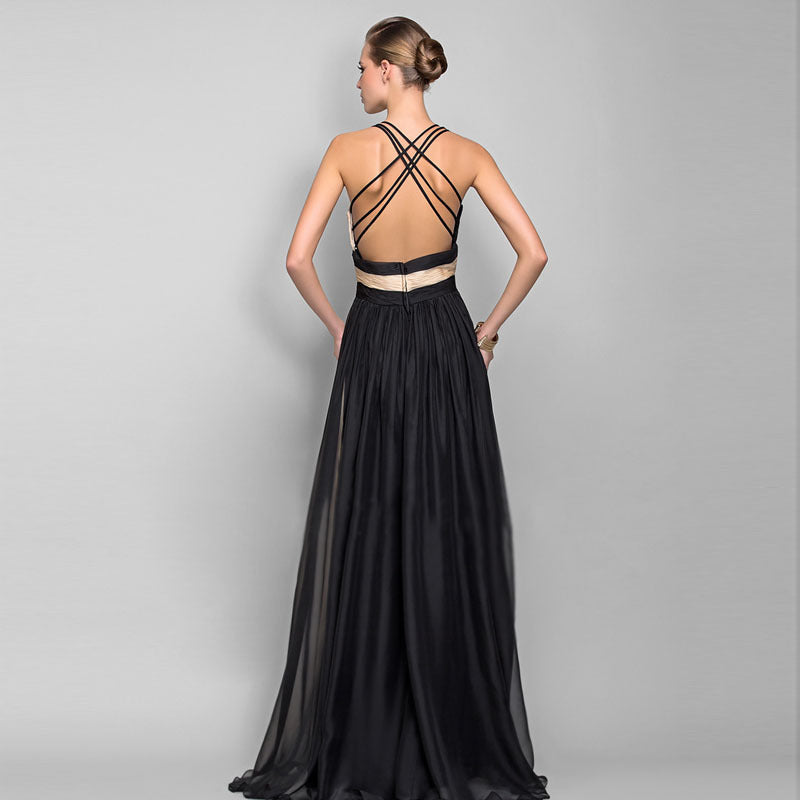 Chiffon Contrast Color Evening Gown Sleeveless V-neck Splicing Long Gown - MERGE.DAY.1.FREESTYLE