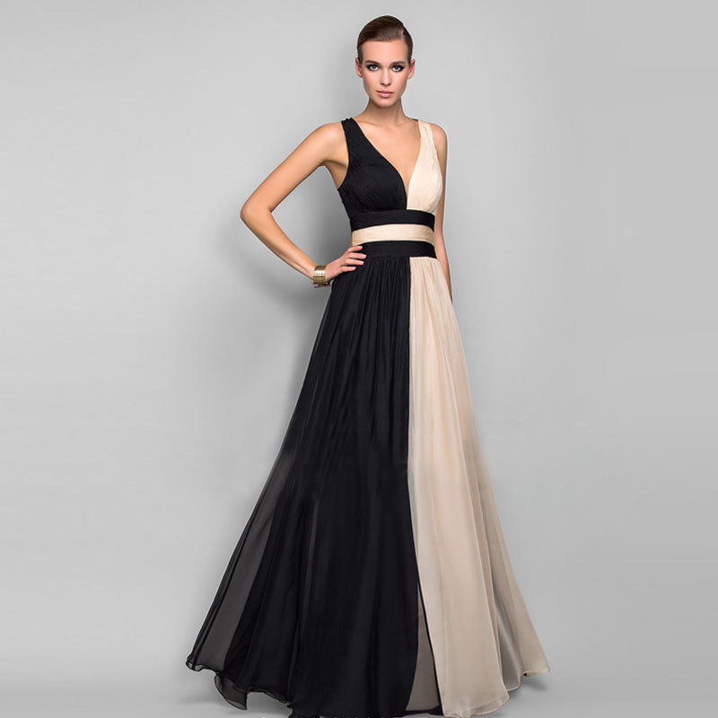 Chiffon Contrast Color Evening Gown Sleeveless V-neck Splicing Long Gown - MERGE.DAY.1.FREESTYLE