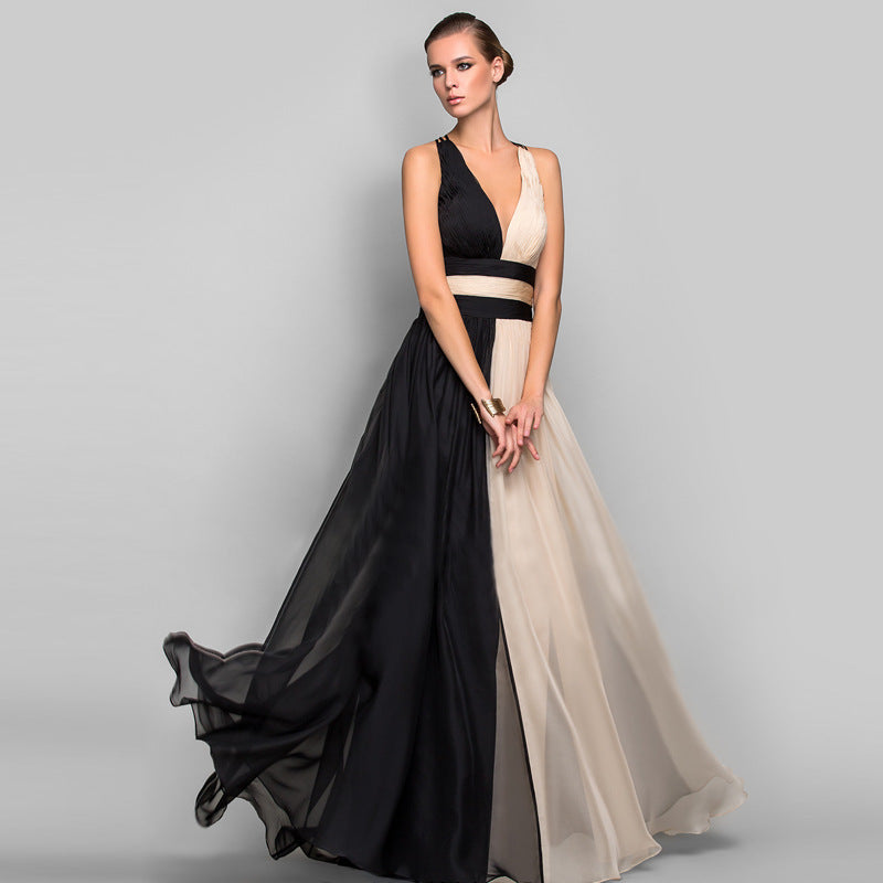 Chiffon Contrast Color Evening Gown Sleeveless V-neck Splicing Long Gown - MERGE.DAY.1.FREESTYLE