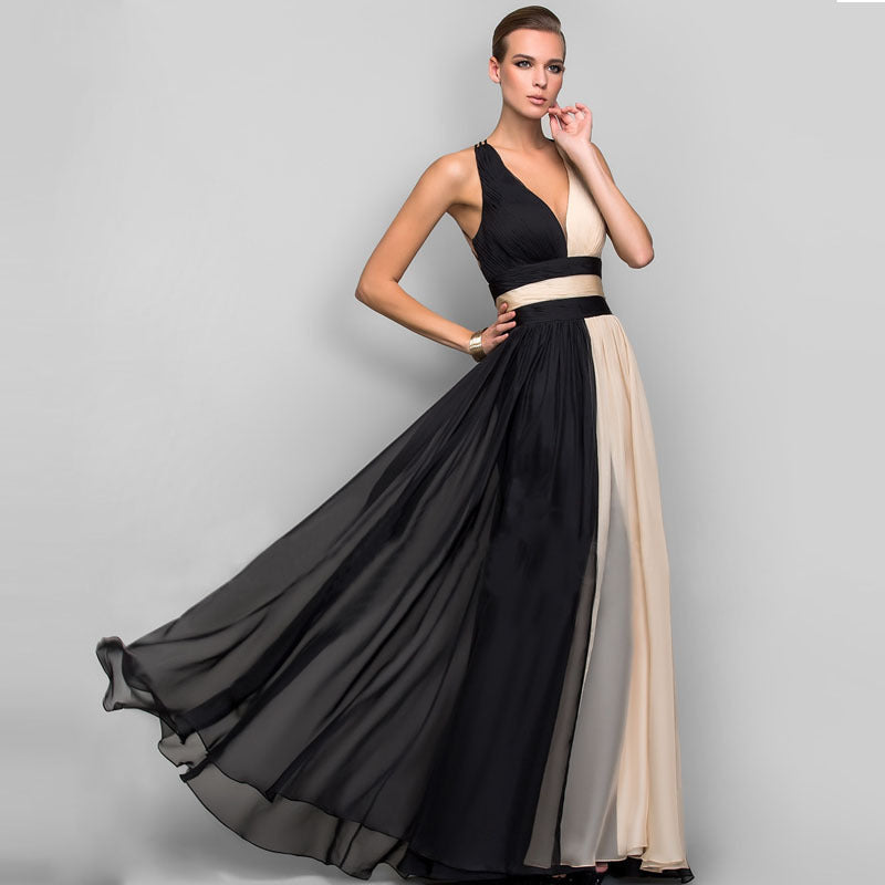 Chiffon Contrast Color Evening Gown Sleeveless V-neck Splicing Long Gown - MERGE.DAY.1.FREESTYLE