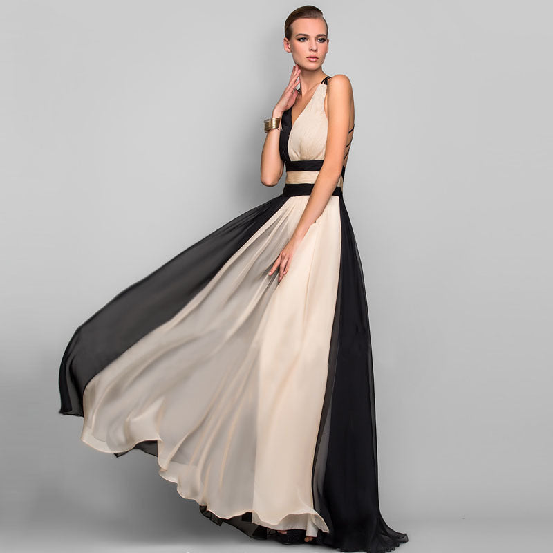 Chiffon Contrast Color Evening Gown Sleeveless V-neck Splicing Long Gown - MERGE.DAY.1.FREESTYLE