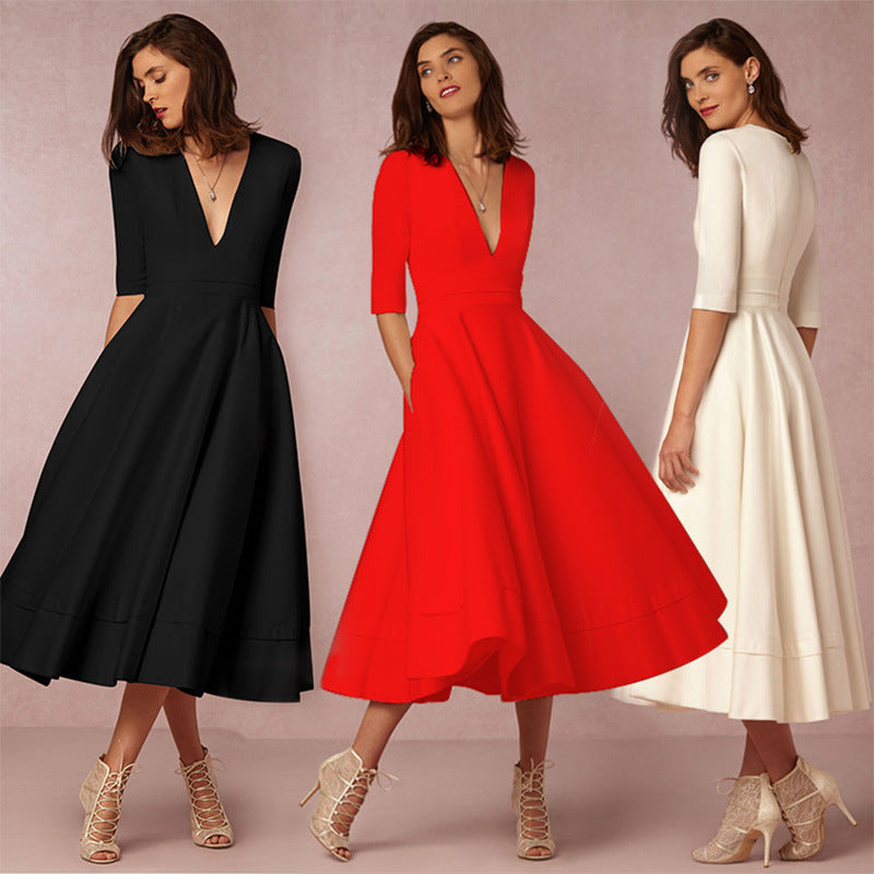Women's Evening Dress Sexy Deep V Long Sleeve Dress - MERGE.DAY.1.FREESTYLE