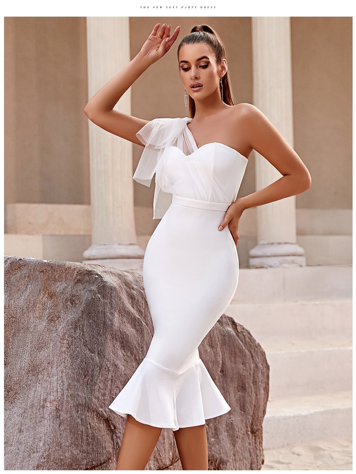 One Shoulder Bandage Dress For Women Mermaid Hem Bow Sleeveless Bodycon Vestidos - MERGE.DAY.1.FREESTYLE