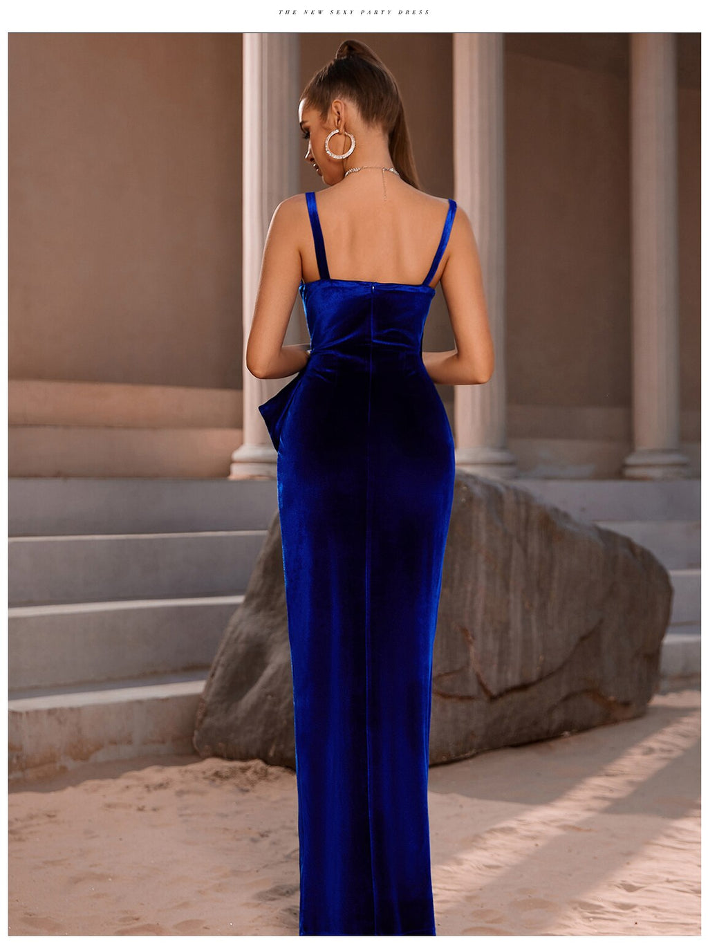Elegant Maxi Club Dress 2023 Sexy High Split Blue Pearl Velvet Spaghetti Strap - MERGE.DAY.1.FREESTYLE