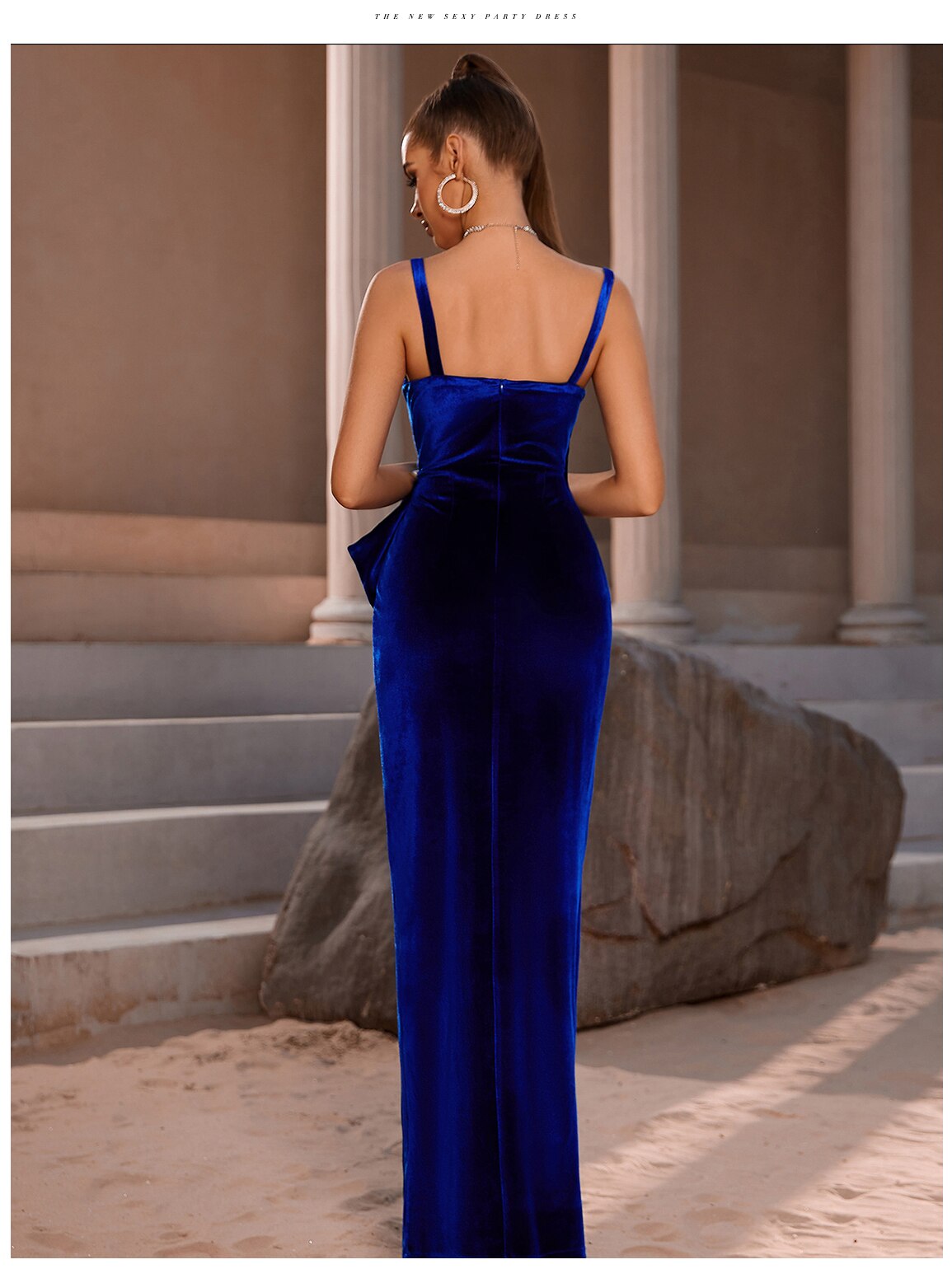 Elegant Maxi Club Dress 2023 Sexy High Split Blue Pearl Velvet Spaghetti Strap - MERGE.DAY.1.FREESTYLE