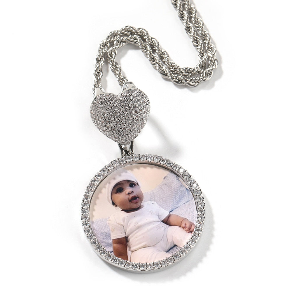 Round Heart Clasp Medallions Custom Photo Memory Pendant Engrave Name HipHop Jewlery - MERGE.DAY.1.FREESTYLE