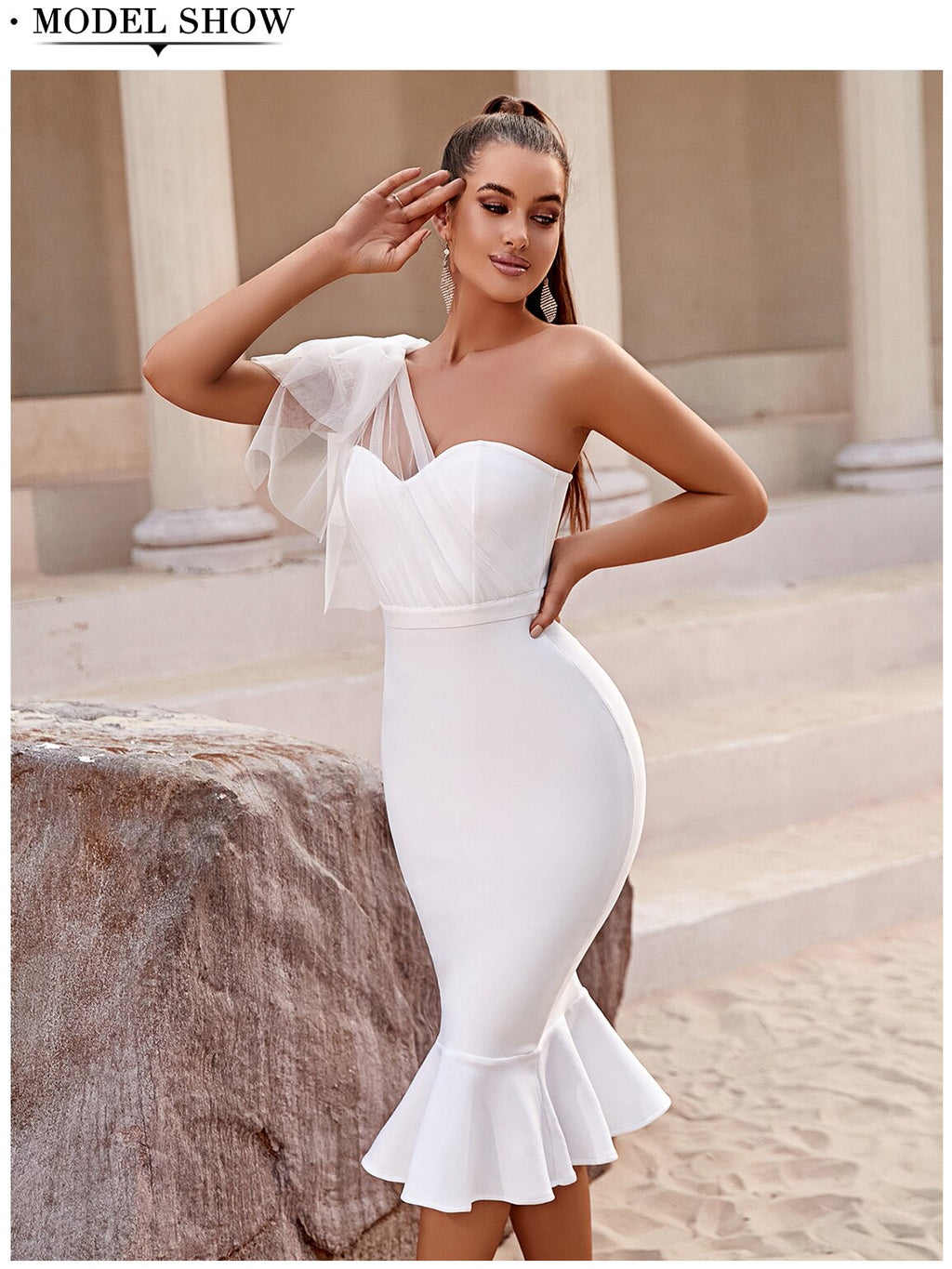 One Shoulder Bandage Dress For Women Mermaid Hem Bow Sleeveless Bodycon Vestidos - MERGE.DAY.1.FREESTYLE