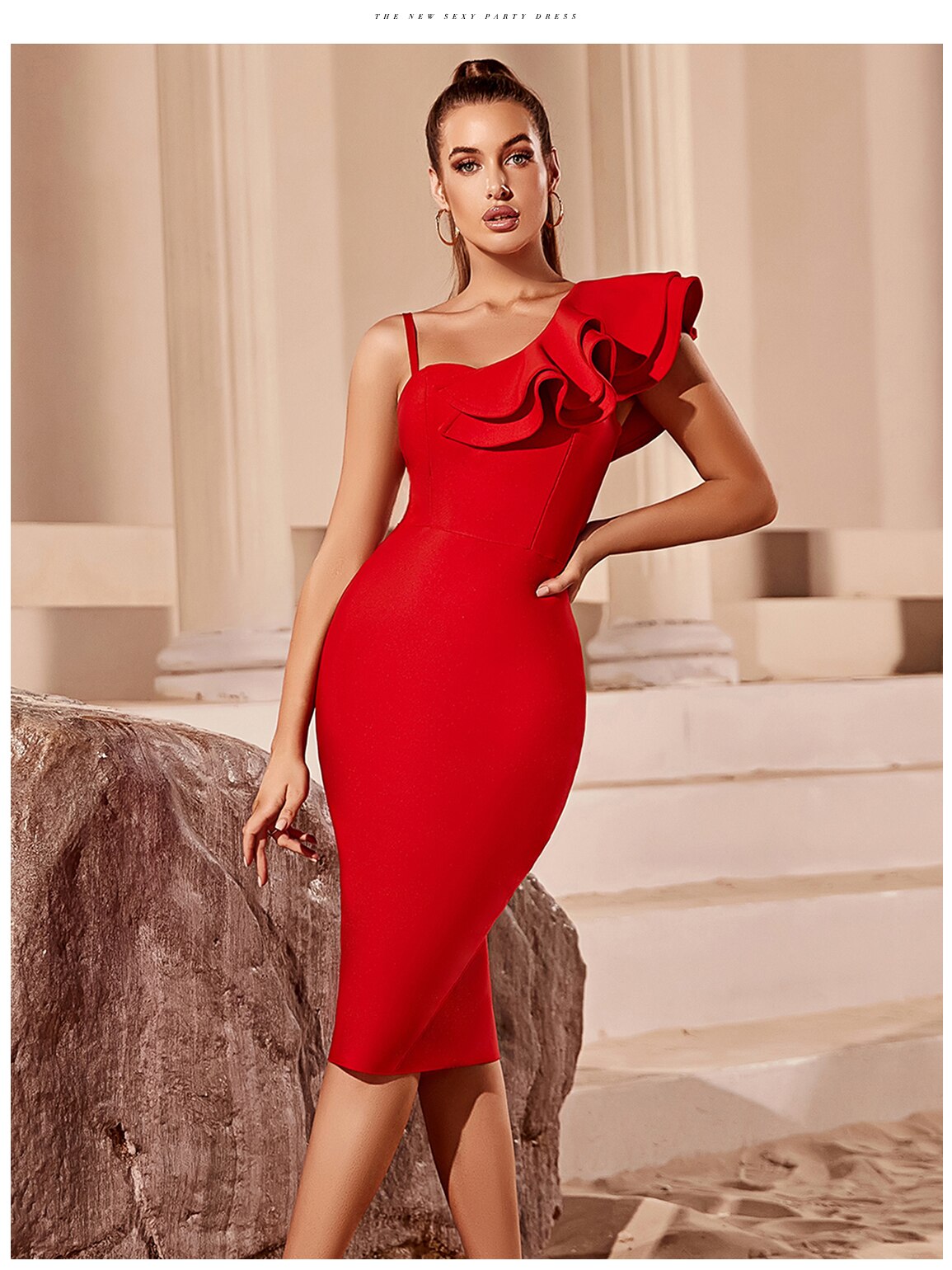 Asymmetrical Neck Ruffle Trim Bodycon Dress Bandage Dress Sleeveless Evening Party - MERGE.DAY.1.FREESTYLE