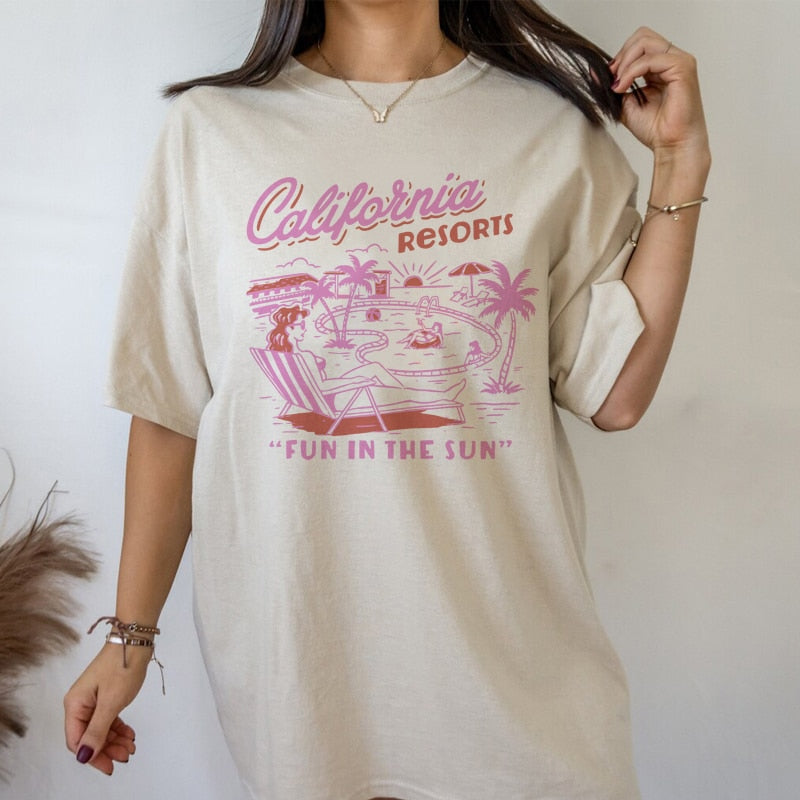 1pcs WHITE Tees Summer Casual Oversized Tee Best Surfing Santa Monica California Womens Retro Style - MERGE.DAY.1.FREESTYLE
