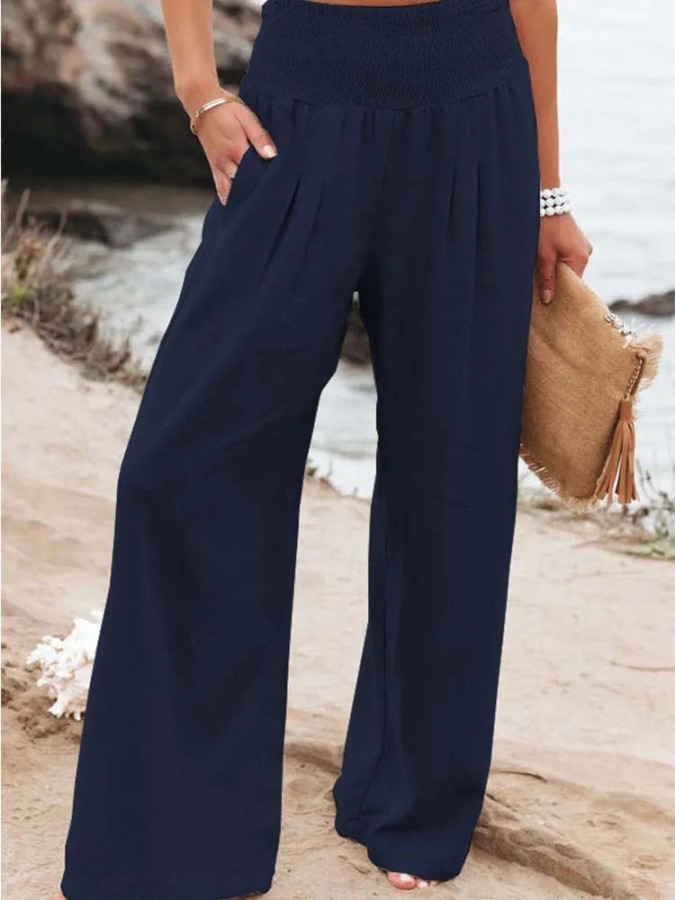 Women Cotton And Linen Pants Elastic High-Waist Thin Casual Pocket Trousers - MERGE.DAY.1.FREESTYLE