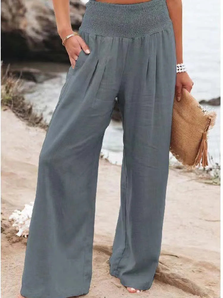 Women Cotton And Linen Pants Elastic High-Waist Thin Casual Pocket Trousers - MERGE.DAY.1.FREESTYLE