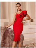 Asymmetrical Neck Ruffle Trim Bodycon Dress Bandage Dress Sleeveless Evening Party - MERGE.DAY.1.FREESTYLE