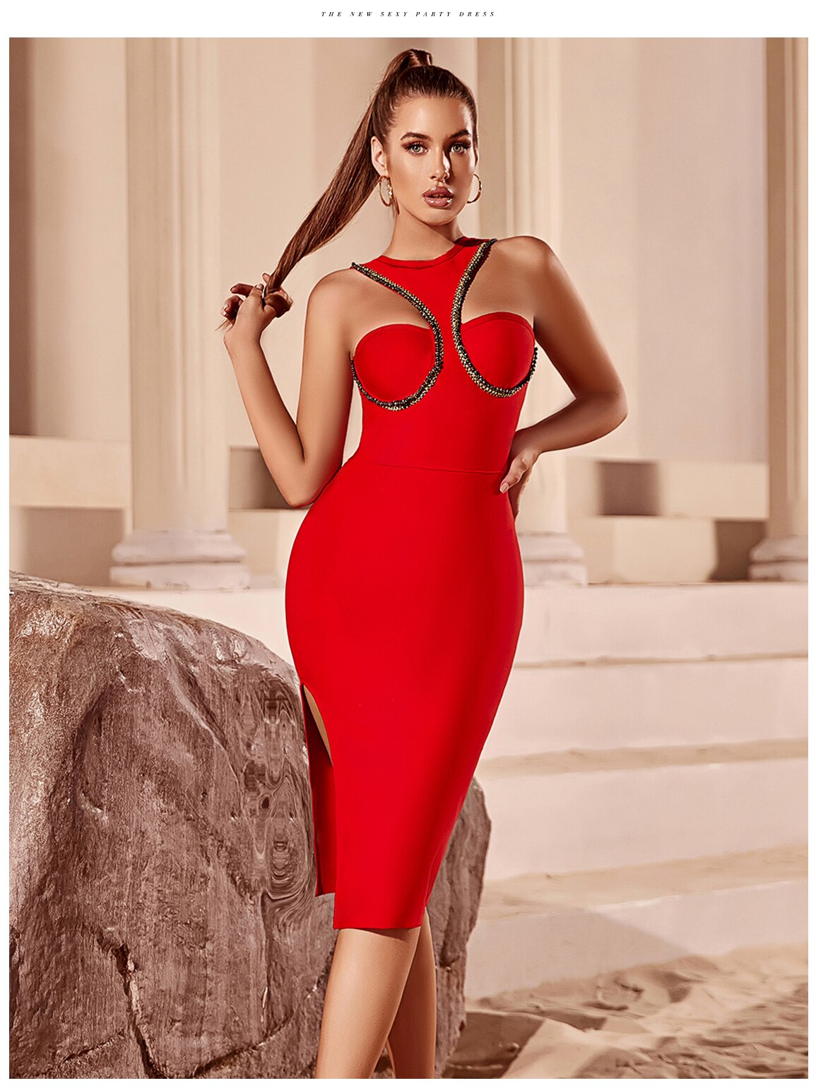Red Bandage Dress Sleeveless Sexy Celebrity O Neck Hollow Out Dress Vestidos - MERGE.DAY.1.FREESTYLE