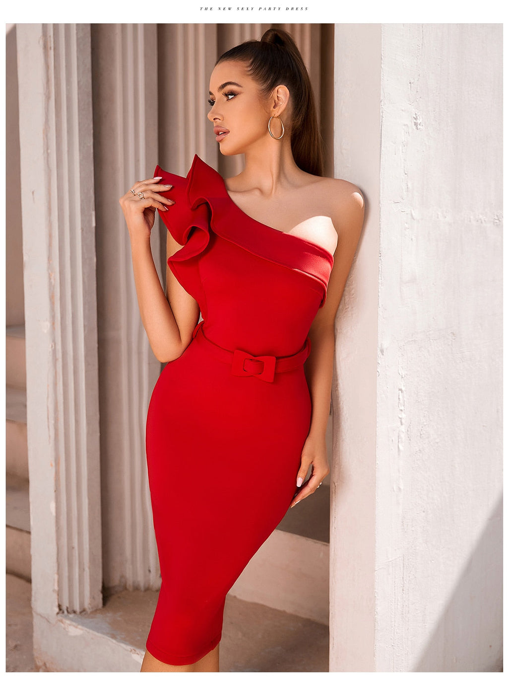 One Shoulder Ruffle Sexy Celebrity Evening Midi Elegant Dresses Vestidos - MERGE.DAY.1.FREESTYLE