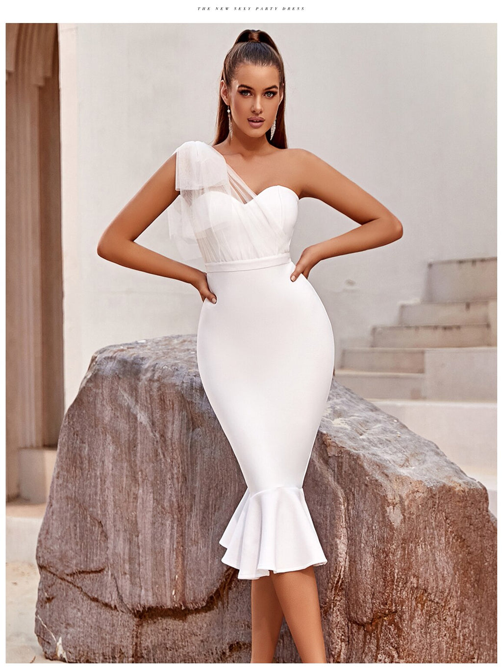 One Shoulder Bandage Dress For Women Mermaid Hem Bow Sleeveless Bodycon Vestidos - MERGE.DAY.1.FREESTYLE