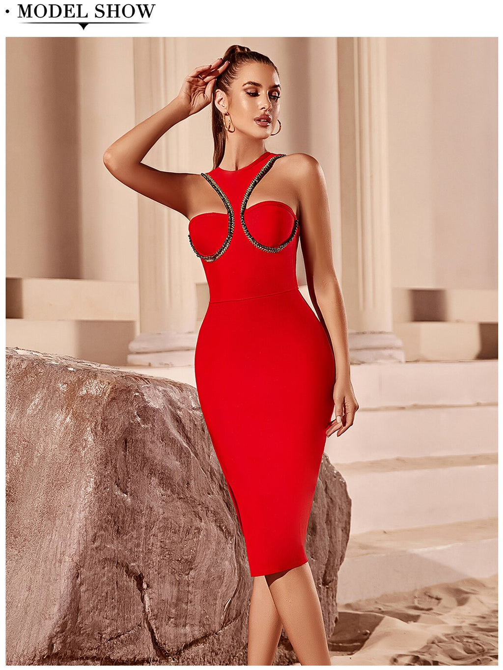 Red Bandage Dress Sleeveless Sexy Celebrity O Neck Hollow Out Dress Vestidos - MERGE.DAY.1.FREESTYLE