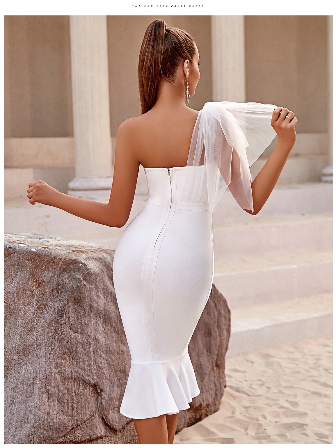 One Shoulder Bandage Dress For Women Mermaid Hem Bow Sleeveless Bodycon Vestidos - MERGE.DAY.1.FREESTYLE