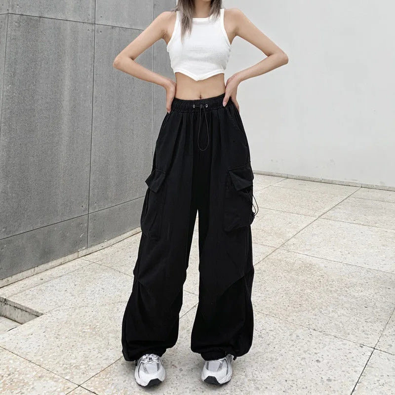 Y2K Cargo Pants Wide Leg Drawstring Oversize Pockets Joggers Trousers - MERGE.DAY.1.FREESTYLE
