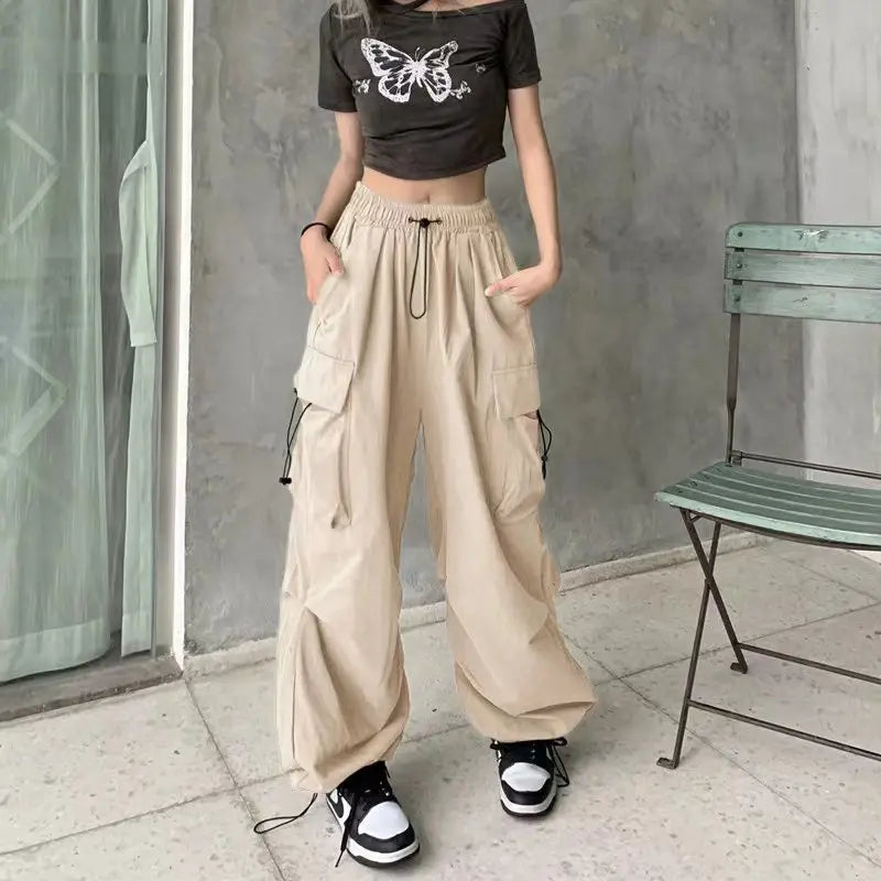 Y2K Cargo Pants Wide Leg Drawstring Oversize Pockets Joggers Trousers - MERGE.DAY.1.FREESTYLE