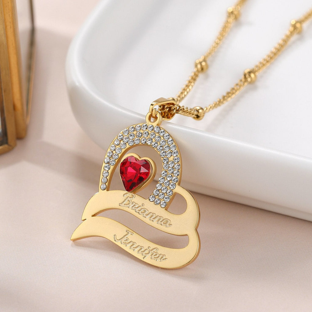 Personalized Delicate Cubic Zirconia Stones Engraved Names Custom Heart Pendant - MERGE.DAY.1.FREESTYLE