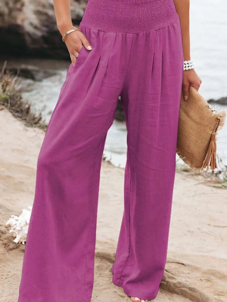 Women Cotton And Linen Pants Elastic High-Waist Thin Casual Pocket Trousers - MERGE.DAY.1.FREESTYLE