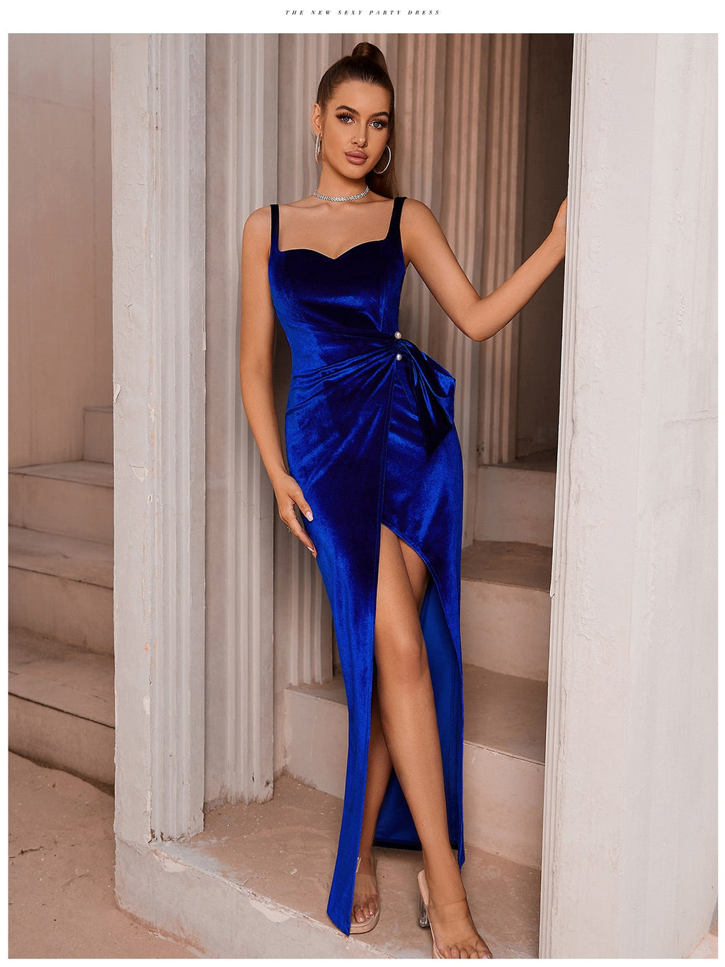 Elegant Maxi Club Dress 2023 Sexy High Split Blue Pearl Velvet Spaghetti Strap - MERGE.DAY.1.FREESTYLE