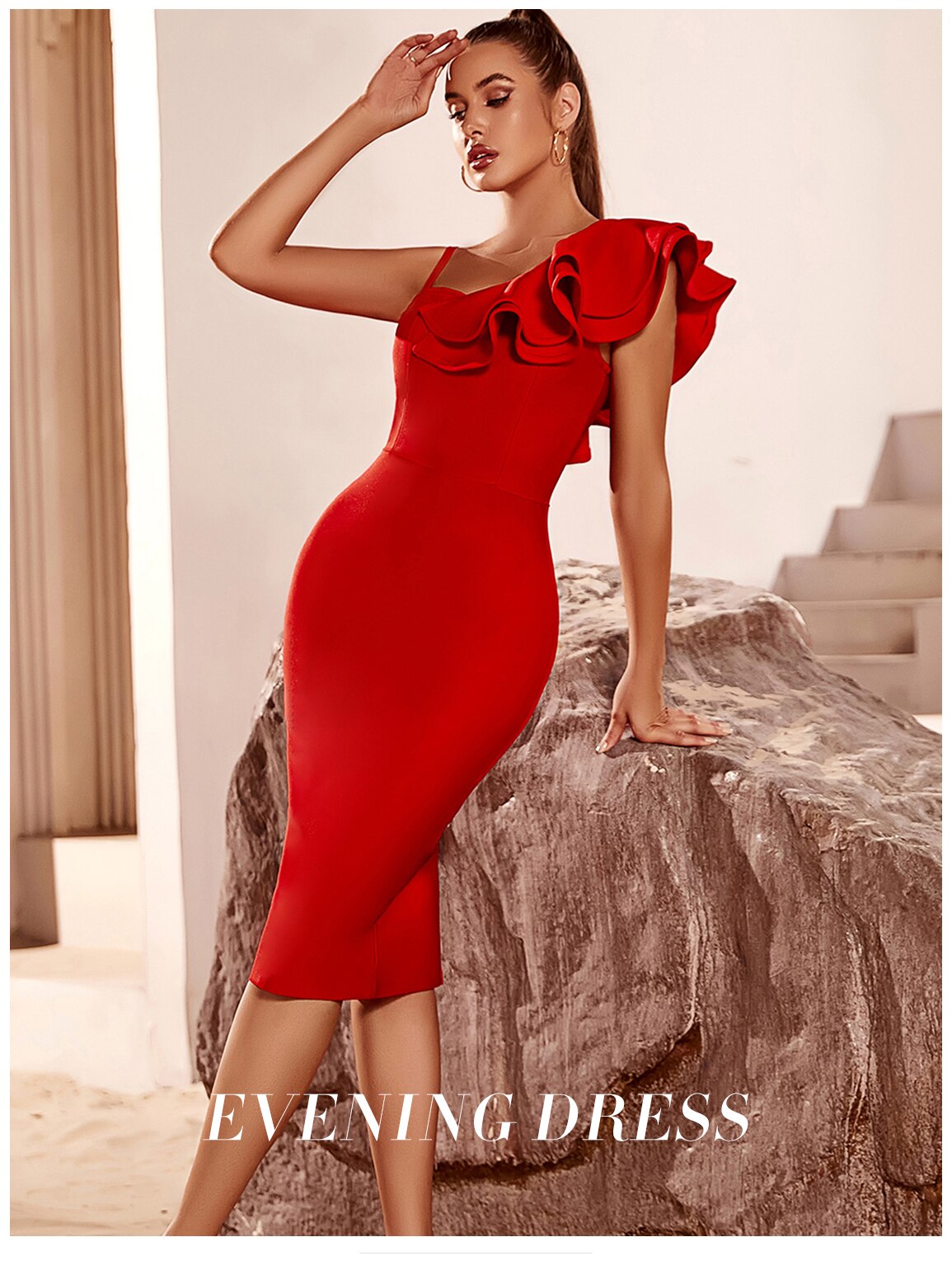 Asymmetrical Neck Ruffle Trim Bodycon Dress Bandage Dress Sleeveless Evening Party - MERGE.DAY.1.FREESTYLE
