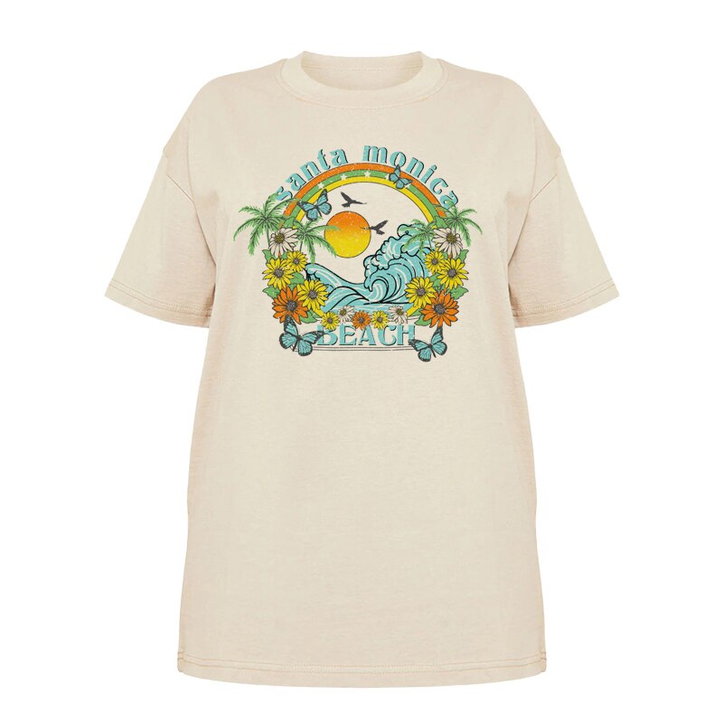 1pcs WHITE Tees Summer Casual Oversized Tee Best Surfing Santa Monica California Womens Retro Style - MERGE.DAY.1.FREESTYLE
