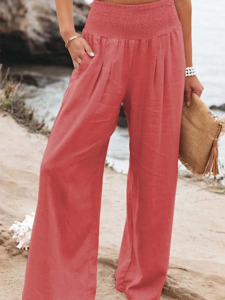 Women Cotton And Linen Pants Elastic High-Waist Thin Casual Pocket Trousers - MERGE.DAY.1.FREESTYLE