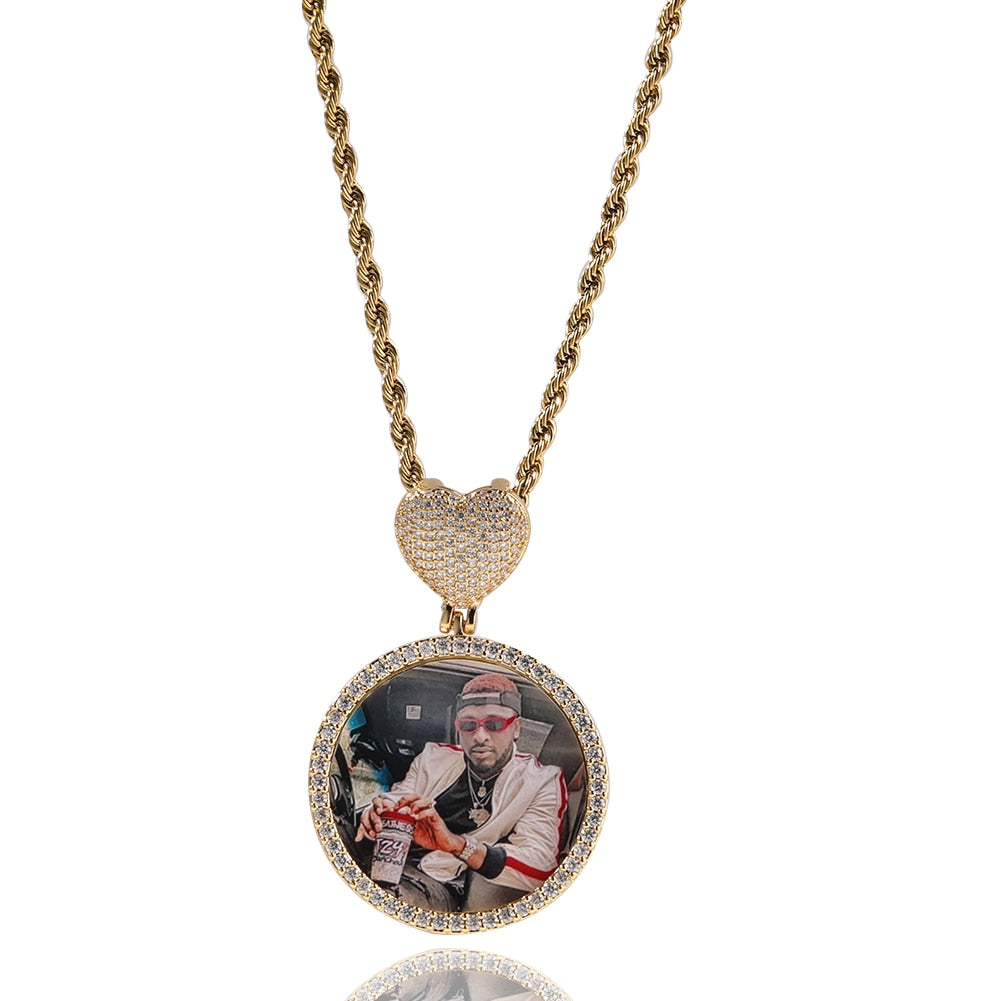 Round Heart Clasp Medallions Custom Photo Memory Pendant Engrave Name HipHop Jewlery - MERGE.DAY.1.FREESTYLE