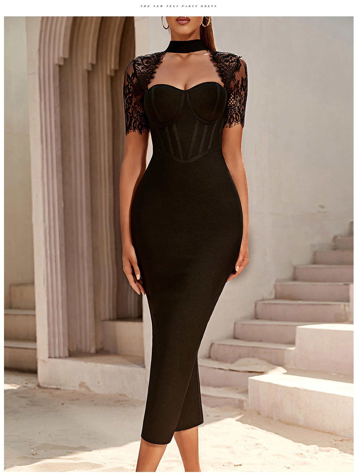 Black Lace Bodycon Bandage Dress Sexy Short Sleeve Party Dress Vestido - MERGE.DAY.1.FREESTYLE