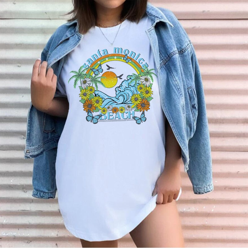 1pcs WHITE Tees Summer Casual Oversized Tee Best Surfing Santa Monica California Womens Retro Style - MERGE.DAY.1.FREESTYLE