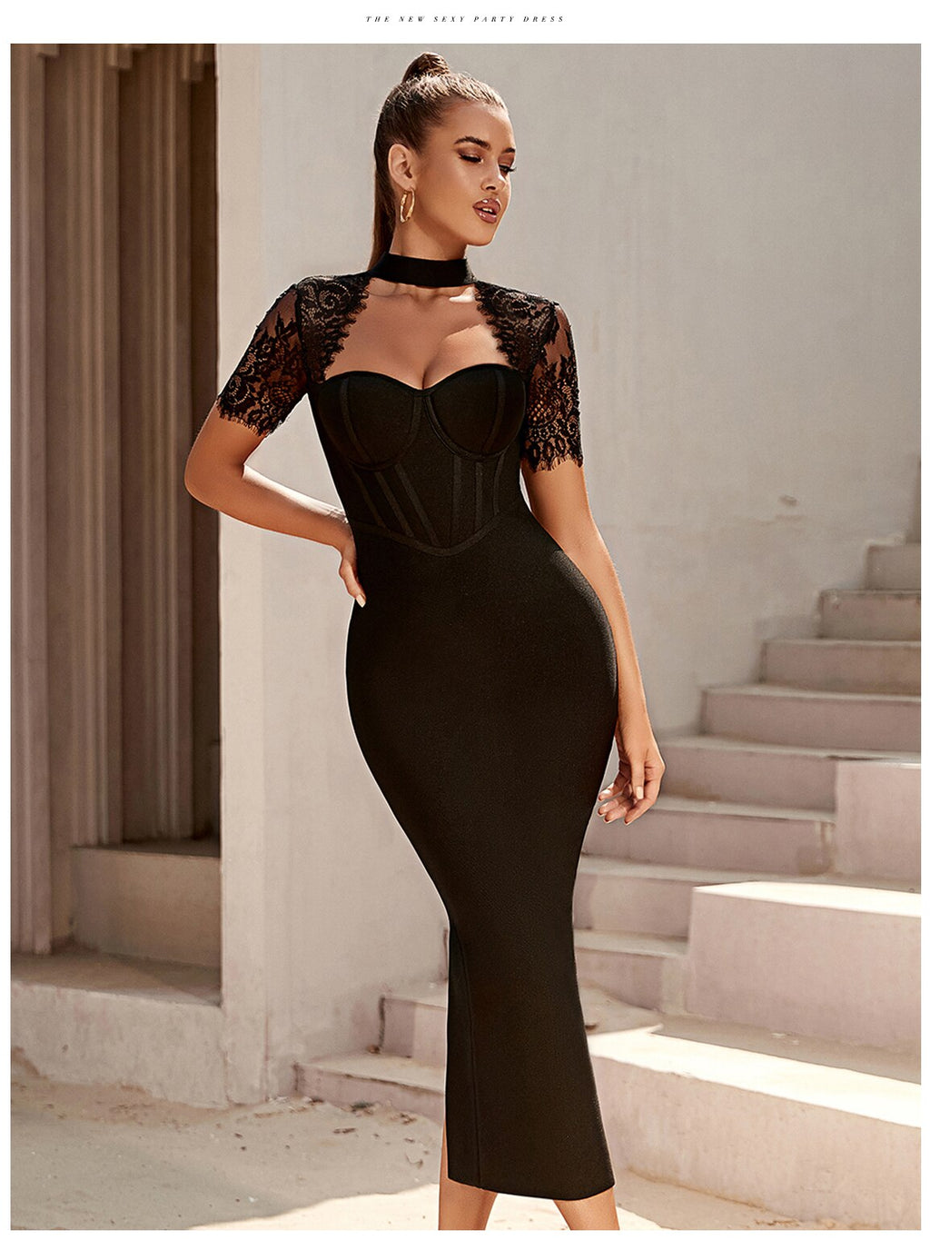 Black Lace Bodycon Bandage Dress Sexy Short Sleeve Party Dress Vestido - MERGE.DAY.1.FREESTYLE