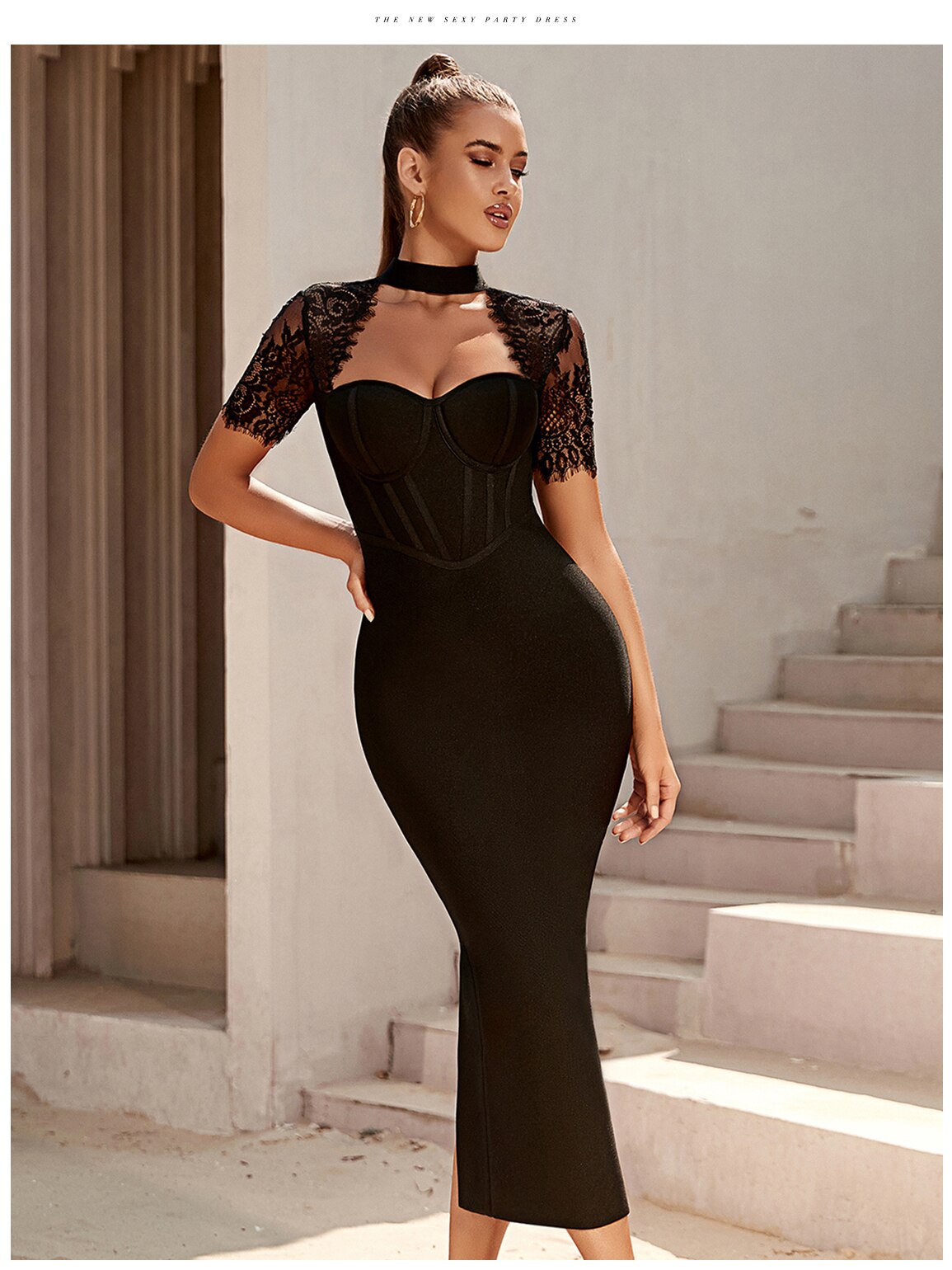 Black Lace Bodycon Bandage Dress Sexy Short Sleeve Party Dress Vestido - MERGE.DAY.1.FREESTYLE