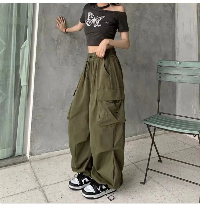 Y2K Cargo Pants Wide Leg Drawstring Oversize Pockets Joggers Trousers - MERGE.DAY.1.FREESTYLE