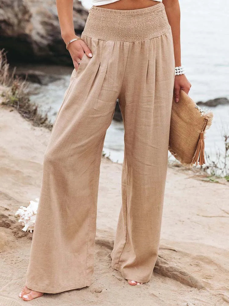 Women Cotton And Linen Pants Elastic High-Waist Thin Casual Pocket Trousers - MERGE.DAY.1.FREESTYLE