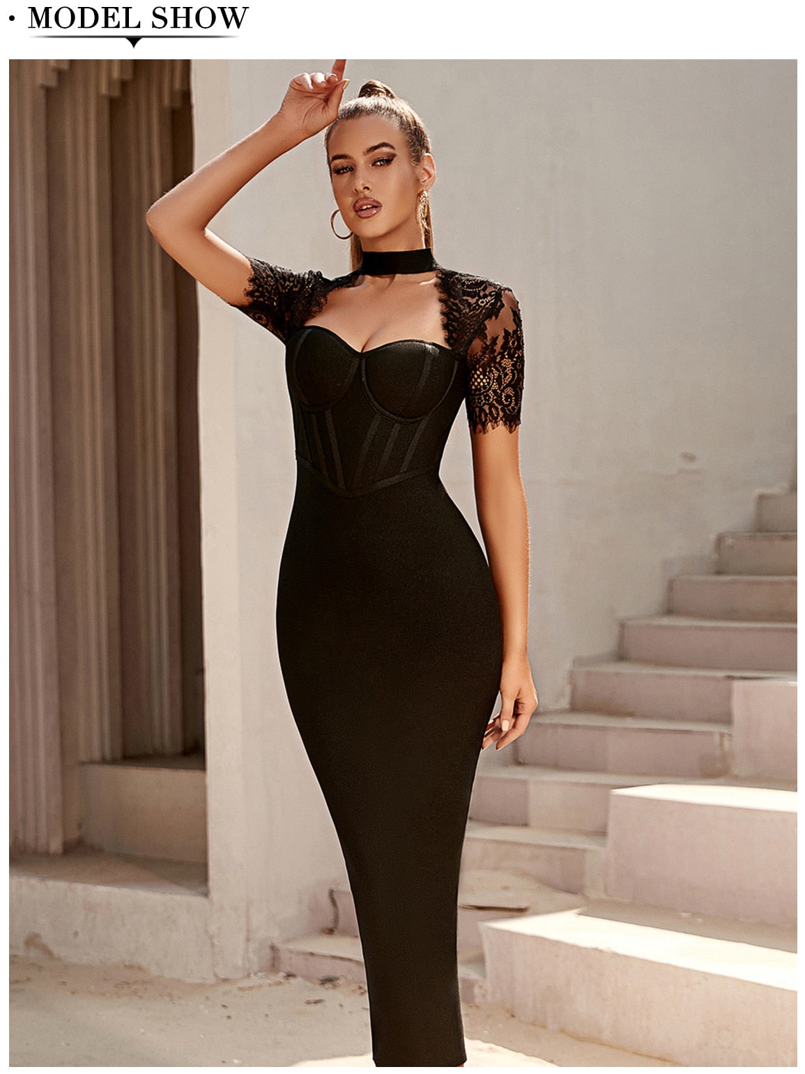 Black Lace Bodycon Bandage Dress Sexy Short Sleeve Party Dress Vestido - MERGE.DAY.1.FREESTYLE