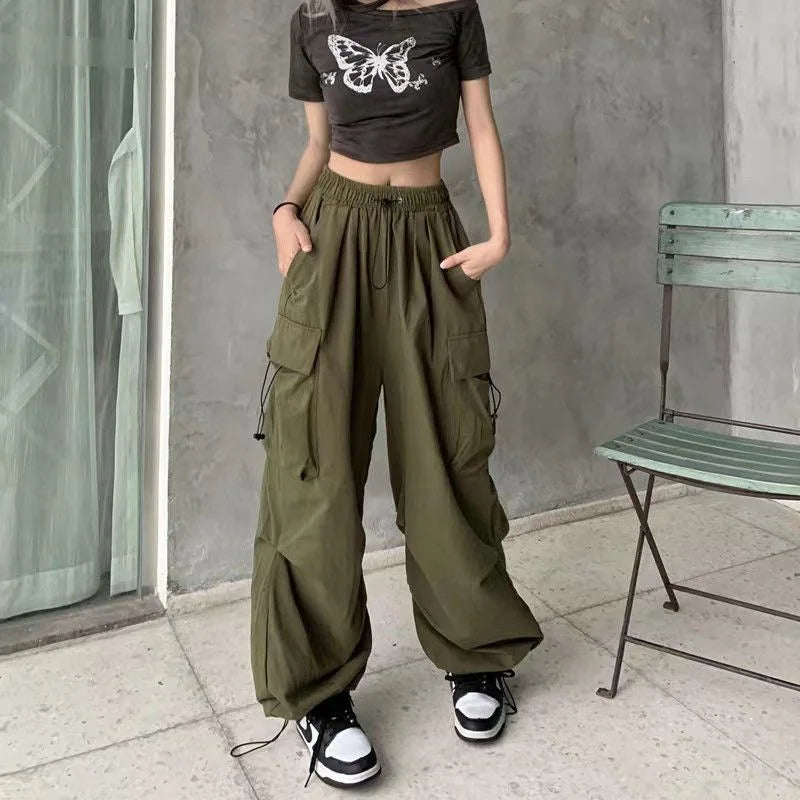 Y2K Cargo Pants Wide Leg Drawstring Oversize Pockets Joggers Trousers - MERGE.DAY.1.FREESTYLE