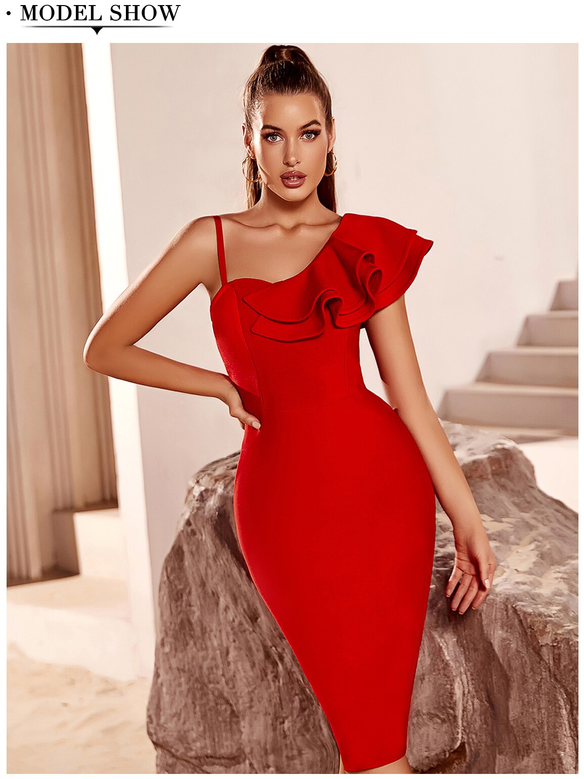 Asymmetrical Neck Ruffle Trim Bodycon Dress Bandage Dress Sleeveless Evening Party - MERGE.DAY.1.FREESTYLE